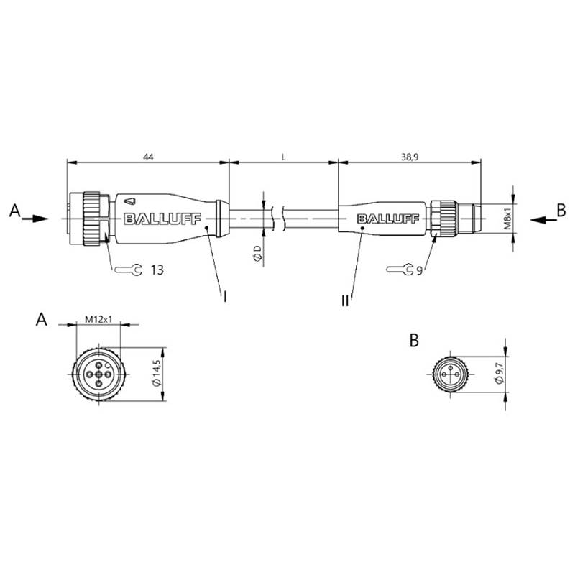 M12 Fem Droit 5p/M08 Mâle Droit 3p Câble PUR 3x0.34 Noir Cpc 10m-Lire la description