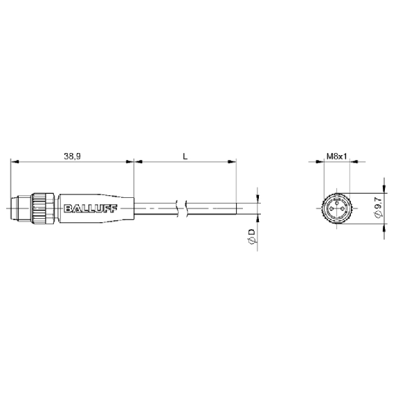 M08A Mâle Droit 3p; Câble PVC 3x0.34 Gris Cpc 2m (60V)-Lire la description