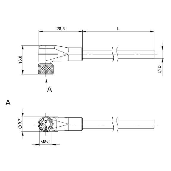 M08A Fem Coudé 3p; Câble PUR Blindé 3x0.34 Noir Cpc 5m (60V)-Lire la description