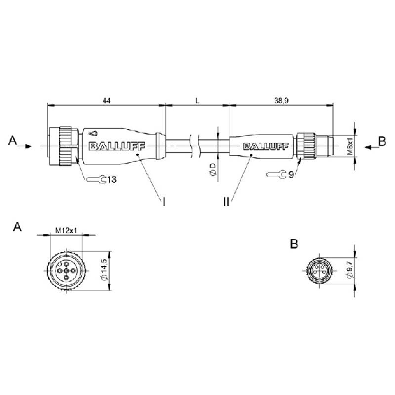 M08 Mâle Droit 4p/M12 Fem Droit 5p Câble PUR 4x0.34 Noir Cpc 0.3m-Lire la description