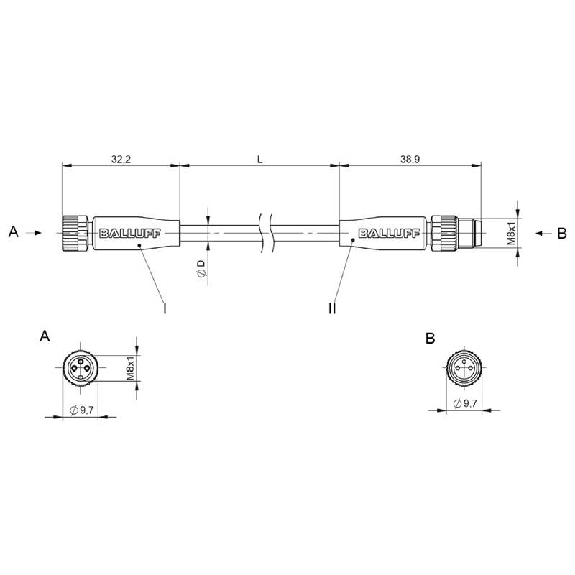 M08A Fem Droit 3p/M08A Mâle Droit 3p; PUR 3x0.34 Noir Cpc 0,5m-Lire la description