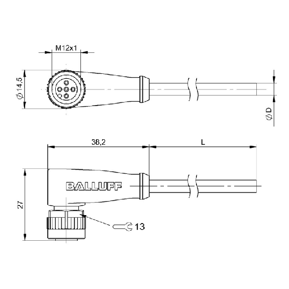 M12A Fem Coudé 4p; Câble PVC 4x0.34 Gris Cpc 2m 250V-Lire la description