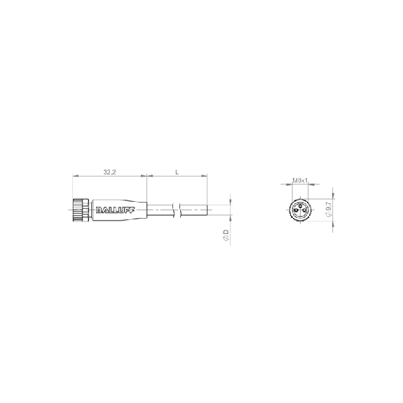M08A Fem Droit 3p; Câble PVC 3x0.34 Gris Cpc 2m (60V)-Lire la description