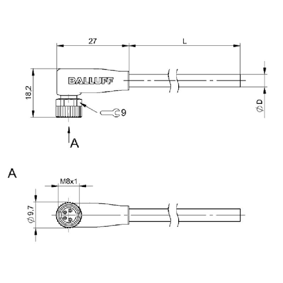M08A Fem Coudé 4p; Câble PUR 4x0.34 Noir Cpc 3m (60V)-Lire la description