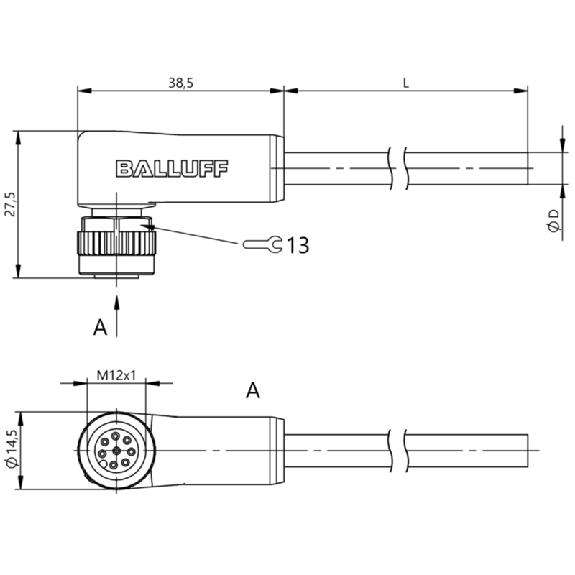 M12A Fem Coudé 8p; Câble PUR 8x0.25 Noir Cpc 2m (30V)-Lire la description