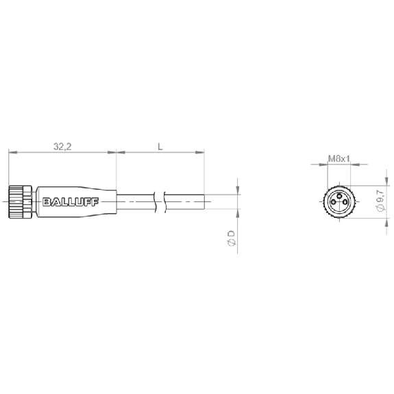 M08A Fem Droit 3p LED (x2); Câble PUR soudage 3x0.34 Noir Cpc 10m-Lire la description