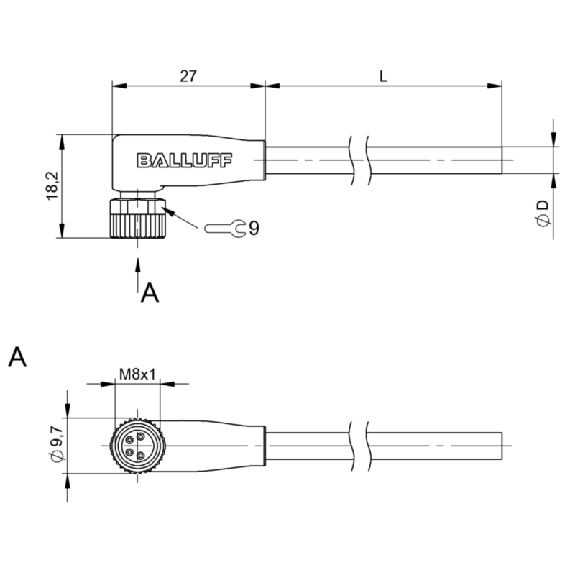 M08A Fem Coudé 4p; Câble TPE 4x 22 AWG Jaune 10m (60V)-Lire la description