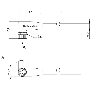 M08A Fem Coudé 4p; Câble TPE 4x 22 AWG Jaune 10m (60V)-Lire la description