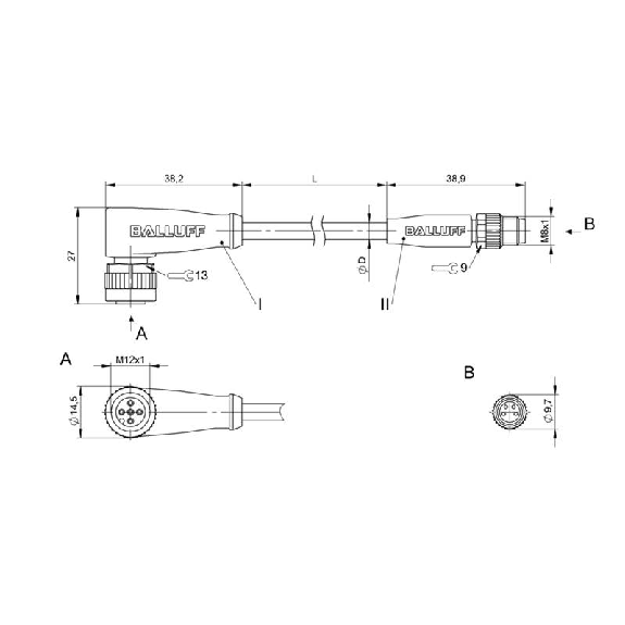 M12A Fem Coudé 5p/M08A Mâle Droit 4p; Câble PUR 4x0.34 Noir Cpc 2m-Lire la description