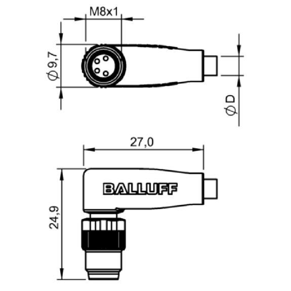M08A Mâle Coudé 4p; Câble PUR 4x0.34 Noir Cpc 10m (60V)-Lire la description