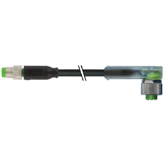 M12A Fem Coudé 3p LED/M08A Mâle Droit 3p; PVC UL/CSA 3x0.25 Noir 3m-Lire la description