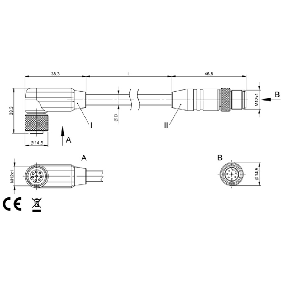 M12A Fem Coudé 8p/M12A mâle Droit 8p; PUR Blindé Noir Cpc 2m-Lire la description