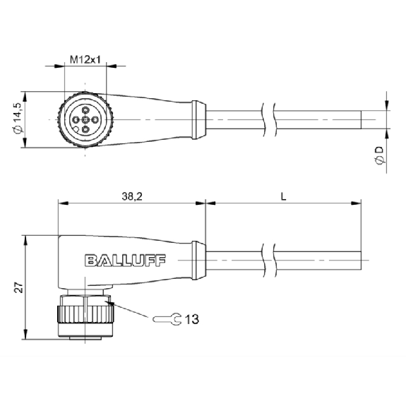 M12A Fem Coudé 5p LED PNP NO/NF; Câble PUR 5x0.34 Noir Cpc 2m (30Vdc)-Lire la description