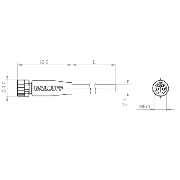 M08A Fem Droit 4p; Câble PUR 4x0.34 Noir Cpc 1.5m (60V)-Lire la description