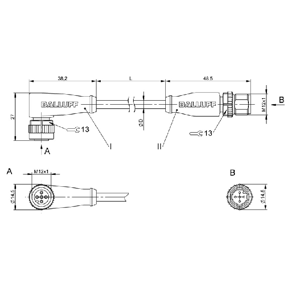 M12A Fem Coudé 5p/M12A Mâle Droit 5p; PUR 5x0.34 Noir Cpc 0.3m-Lire la description