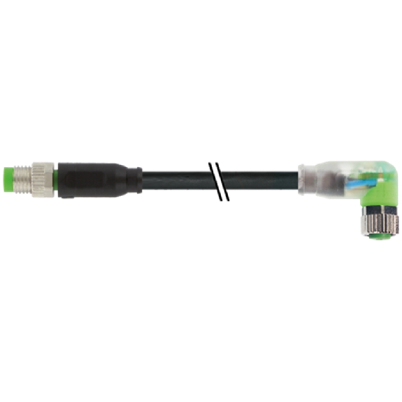 M08A Fem Coudé 3p LED/M08A Mâle Droit 3p; PVC UL/CSA 3x0.25 Noir 1m-Lire la description