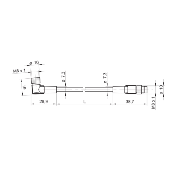 M08A Fem Coudé 3p/M08A Mâle Droit 3p; PUR 3x0.25 Gris-Noir Cpc 0.6m-Lire la description