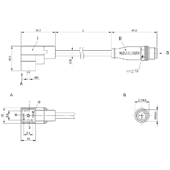 M12 Mâle Droit/EV Forme A 18mm 24VAC/DC+DIODE PUR 4x0,75 Noir 5m-Lire la description