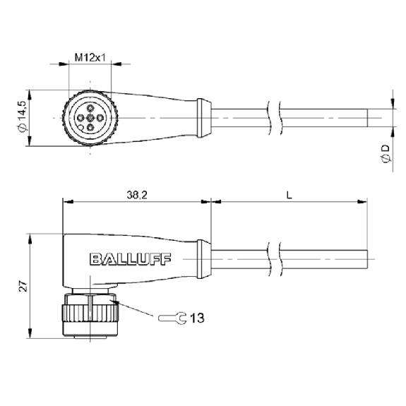 M12A Fem Coudé 3p LED PNP NF; Câble PUR 3x0.34 Noir 10m-Lire la description