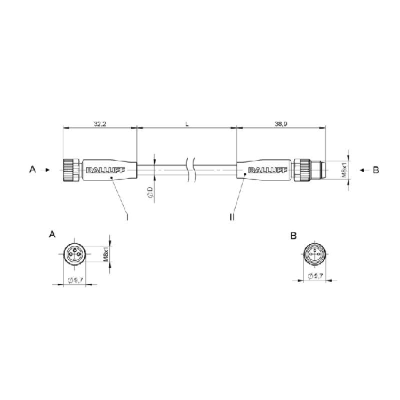 M08A Fem Droit 3p/M08A Mâle Droit 3p; Câble PVC 3x0.34 Gris Cpc 5m-Lire la description