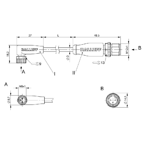 M08A Fem Coudé 3p/M12A Mâle Droit 3p; Câble PUR 3x0.34 Noir Cpc 5m M08A Fem Coudé 3p/M12A Mâle Droit 3p; Câble PUR 3x0.34 Noir Cpc 5m-Lire la description