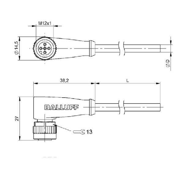 M12A Fem Coudé 5p; Câble PVC Blindé 5x0.34 Noir 10m (60V)-Lire la description