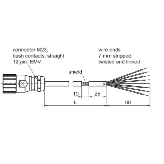 M23 Fem Droit 12p (anti-horaire); Câble PVC (UL/CSA) Blindé 1m-Lire la description