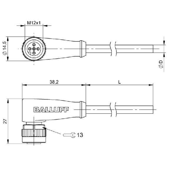 M12A Fem Coudé 5p; Câble PVC 3x0.34 Gris Cpc 2m-Lire la description
