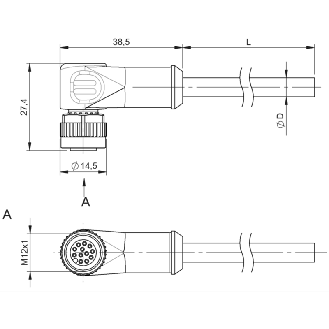 M12A Fem Coudé 12p; Câble PUR 12x0.25 Noir Cpc 5m (30V)-Lire la description