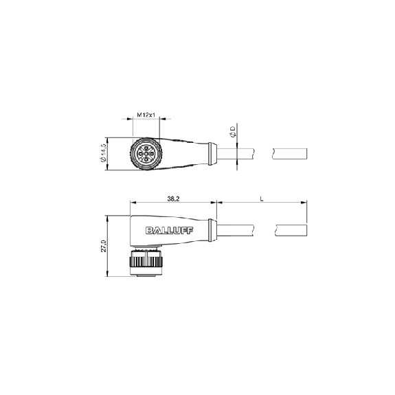 M12A Fem Coudé 3p LED PNP NO; Câble PVC 3x0.34 Gris Cpc 3m (30Vdc)-Lire la description