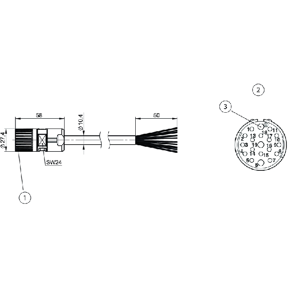 M23 Fem Droit 19p; Câble PUR 16x0,5+3x1 Noir 8m M23 Fem Droit 19p; Câble PUR 16x0,5+3x1 Noir 8m-Lire la description
