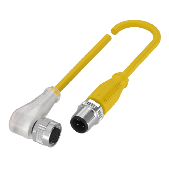 M12A Fem Coudé 4p LED/M12 Mâle Droit 4p; PUR 4x22AWG Jaune Cpc 1m-Lire la description