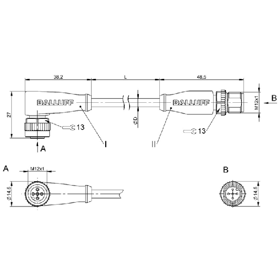 M12A Fem Coudé 5p/M12A Mâle Droit 5p; PUR 5x0.34 Noir Cpc 0.6m-Lire la description