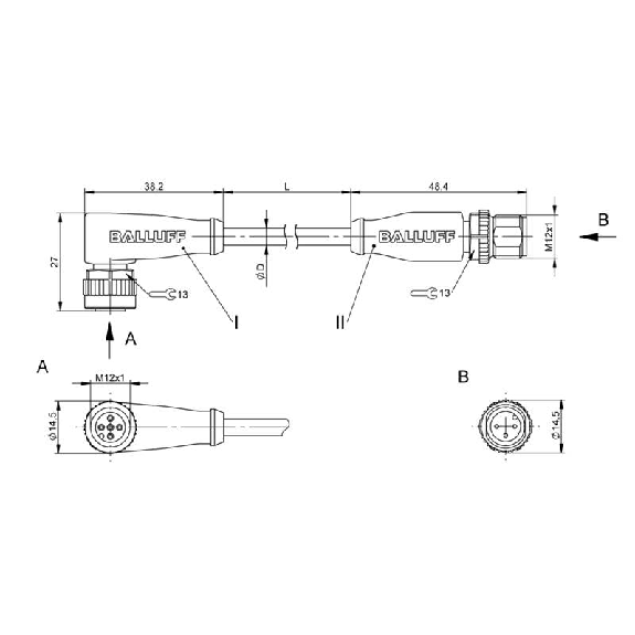 M12 Fem Coudé 5p/M12 Mâle Droit 3p Câble PUR 3x0.34 Noir Cpc 1m-Lire la description