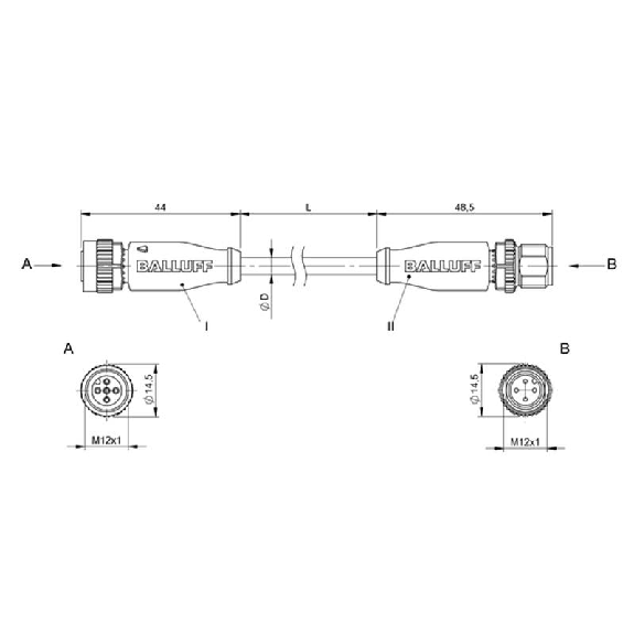 M12 Fem Droit 4p/M12 Mâle Droit 4p; PUR 4 fils Jaune Cpc 0,6m 250V-Lire la description