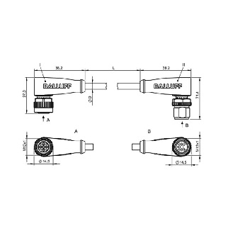 M12A Fem Coudé 5p/M12A Mâle Coudé 3p; Câble PUR 3x0.34 Noir Cpc 5m-Lire la description