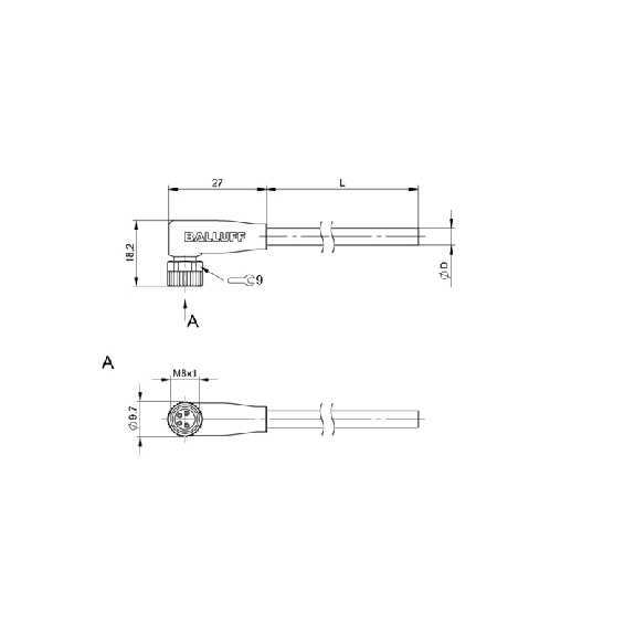 M08A Fem Coudé 4p LED PNP NO/NF; Câble PVC 4x0.34 Gris Cpc 10m-Lire la description