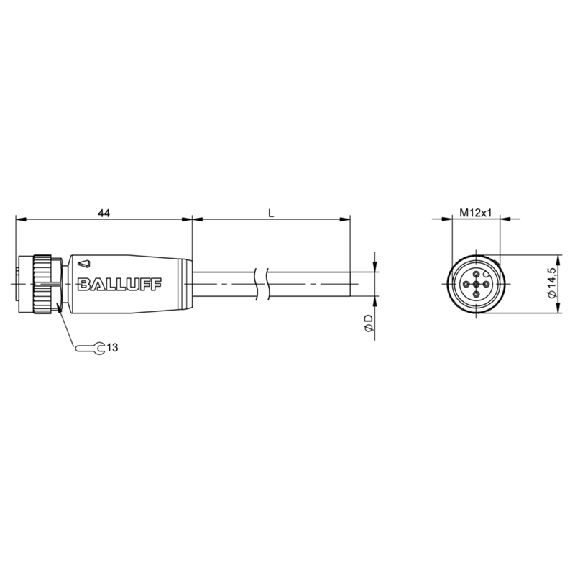 M12A Fem Droit 5p; Câble PUR 4x0.75 Noir 20m (250V)-Lire la description