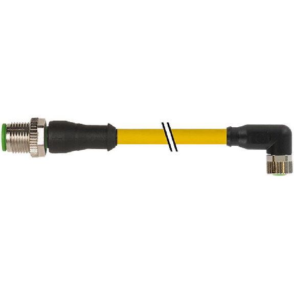 M08A Fem Coudé 3p/M12A Mâle Droit 3p; PUR 3x0,25 Jaune 1,5m-Lire la description