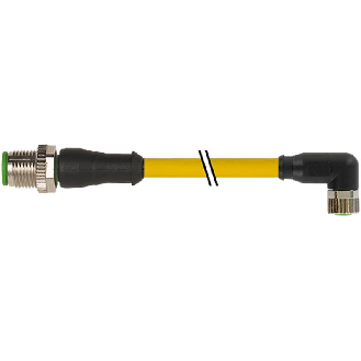 M08A Fem Coudé 3p/M12A Mâle Droit 3p; PUR 3x0,25 Jaune 1,5m-Lire la description
