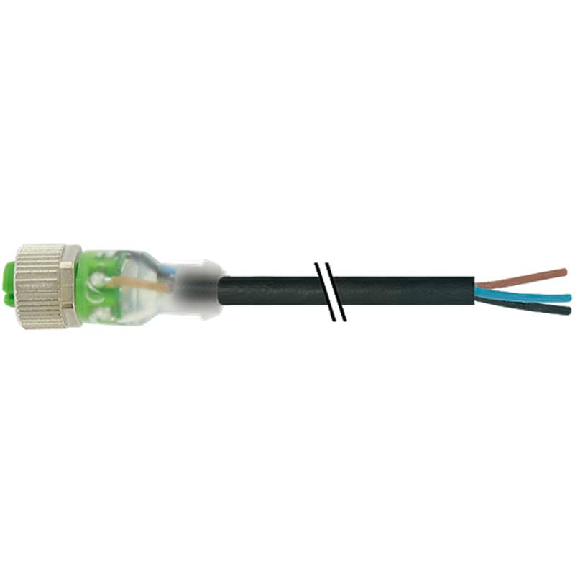 M12A Fem Droit 3p LED PNP; Câble PUR 3x0.34 Noir Cpc 3m-Lire la description