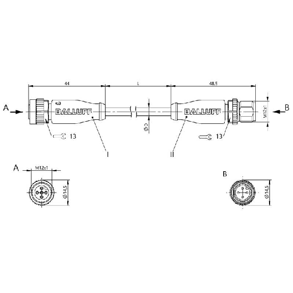 M12 Fem Droit 5p/M12 Mâle Droit 4p; PUR 4x0.34 Noir Cpc 0.3m-Lire la description
