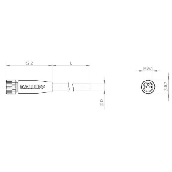 M08A Fem Droit 3p; Câble PUR 22 AWG Jaune Cpc 2m (60V)-Lire la description