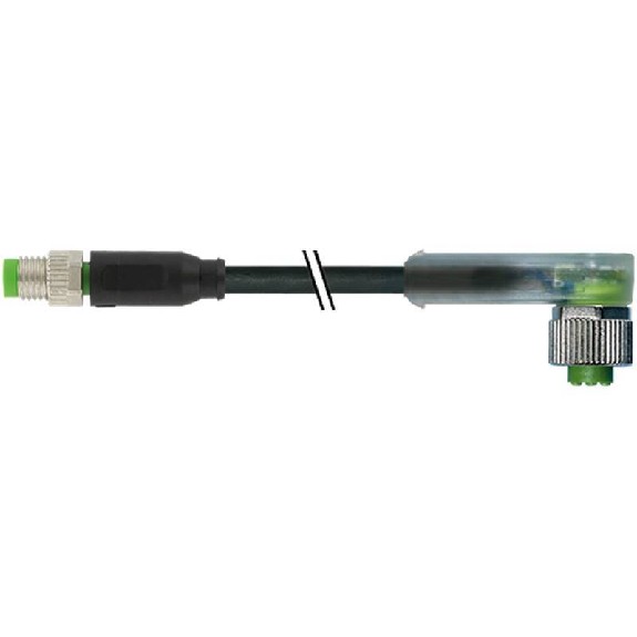 M12 Fem Coudé 3p LED/M08 Mâle Droit 3p; PUR 3x0.25 Noir Cpc 5m-Lire la description