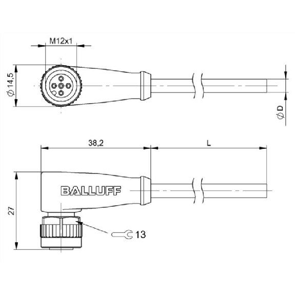 M12A Fem Coudé 5p; Câble PUR 5x0.34 Noir Cpc 2m-Lire la description