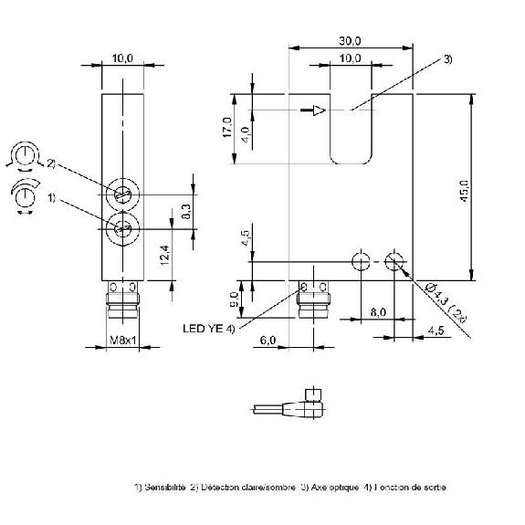 Fourche opt. U PNP E=10mm Prof=13mm Pot. LR LO/DO 10-30Vdc / M08A 3P-Lire la description