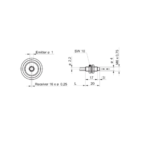 Fibre opt. directe coaxiale, plast., tête M6x20mm Pmax=340mm, 2m-Lire la description