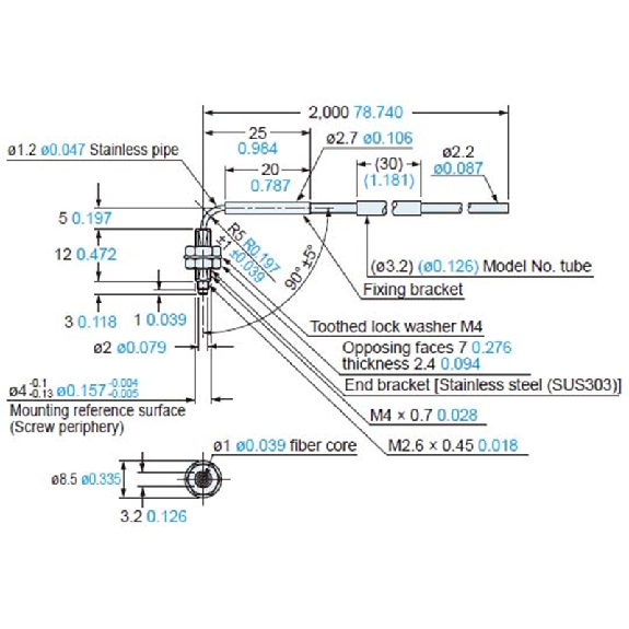 Fibre opt. barrage, plast. Ø2,2mm, tête radial 15mm M4x07, 2m-Lire la description