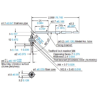 Fibre opt. barrage, plast. Ø2,2mm, tête radial 15mm M4x07, 2m-Lire la description