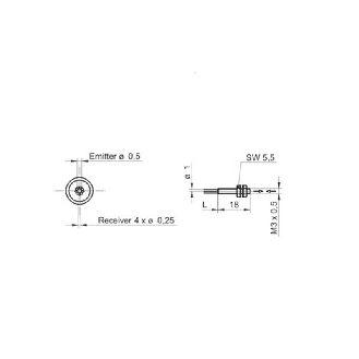 Fibre opt. directe coaxiale, plast., tête M3x18mm Pmax=90mm, 2m-Lire la description